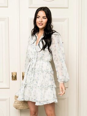 Rachel Parcell White Blue Floral Ruffle Sheer Long Sleeve Mini Dress M